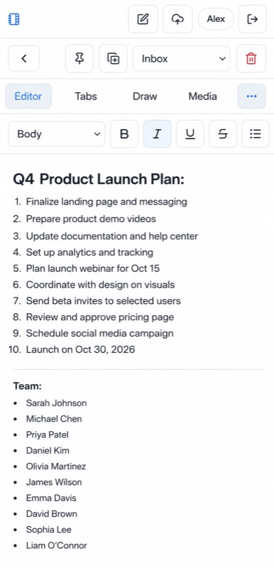 Mobile note editor showing headings, numbered lists and formatting toolbar