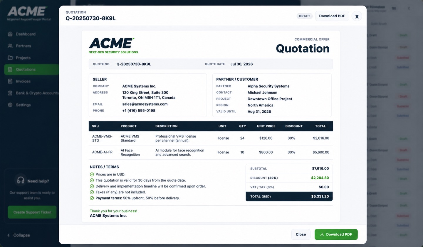Customer-ready quotation document with line items, discounts, taxes, totals and a download PDF action
