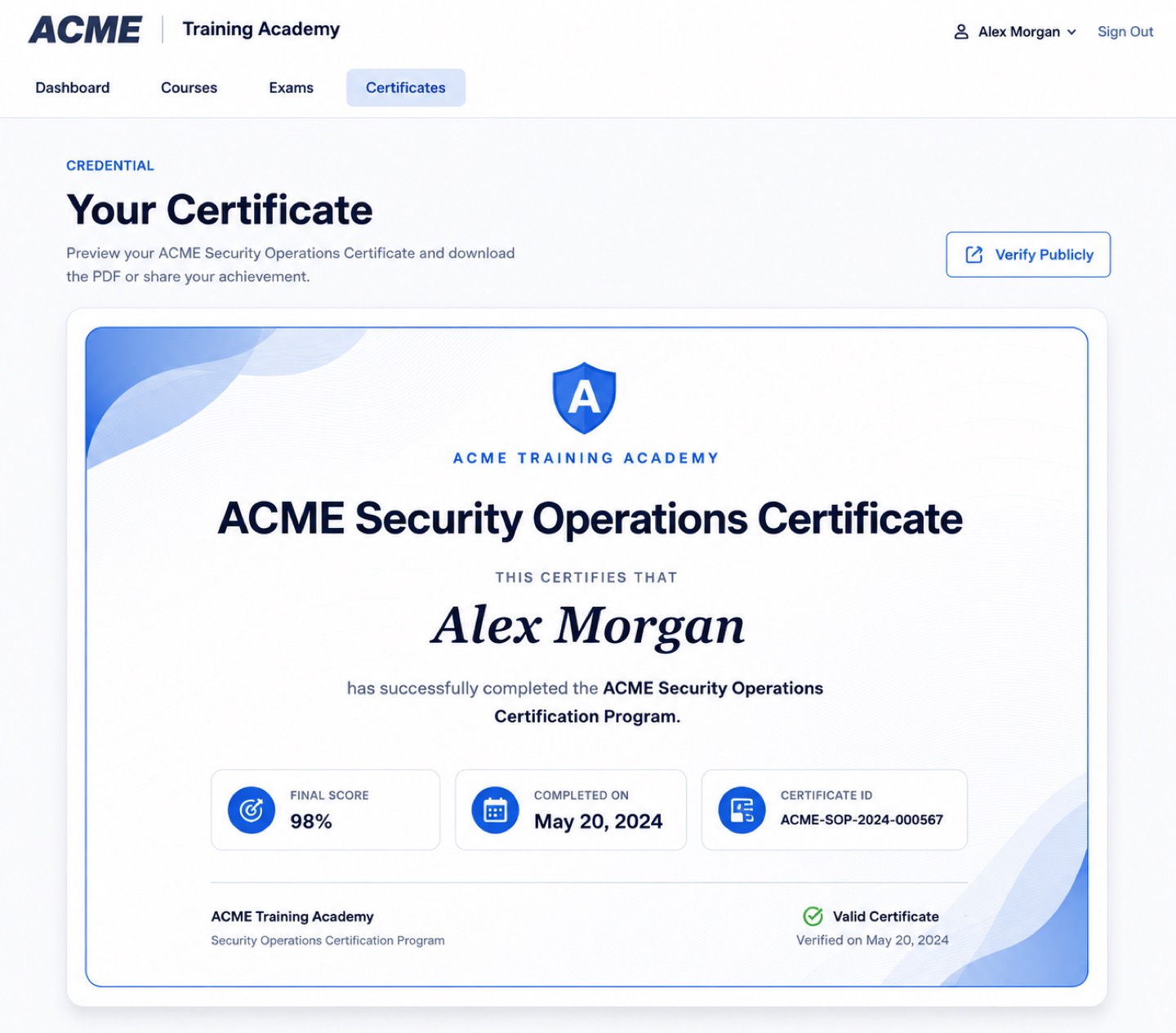 Issued certificate with final score, completion date, unique certificate ID and public verification button
